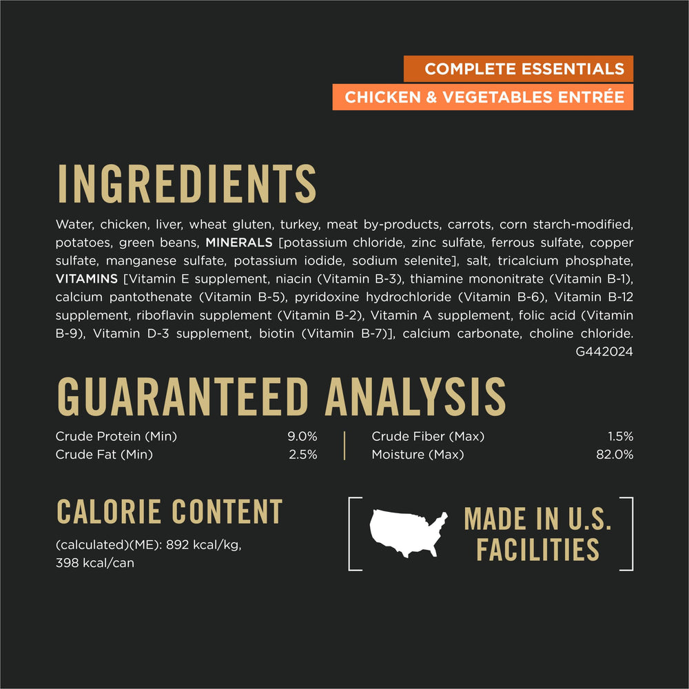 Purina Pro Plan Complete Essentials ingrédients: poulet et légumes pour chien.