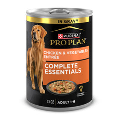 Purina Pro Plan Complete Essentials Tranches poulet et légumes en sauce, repas appétissant et protéiné.