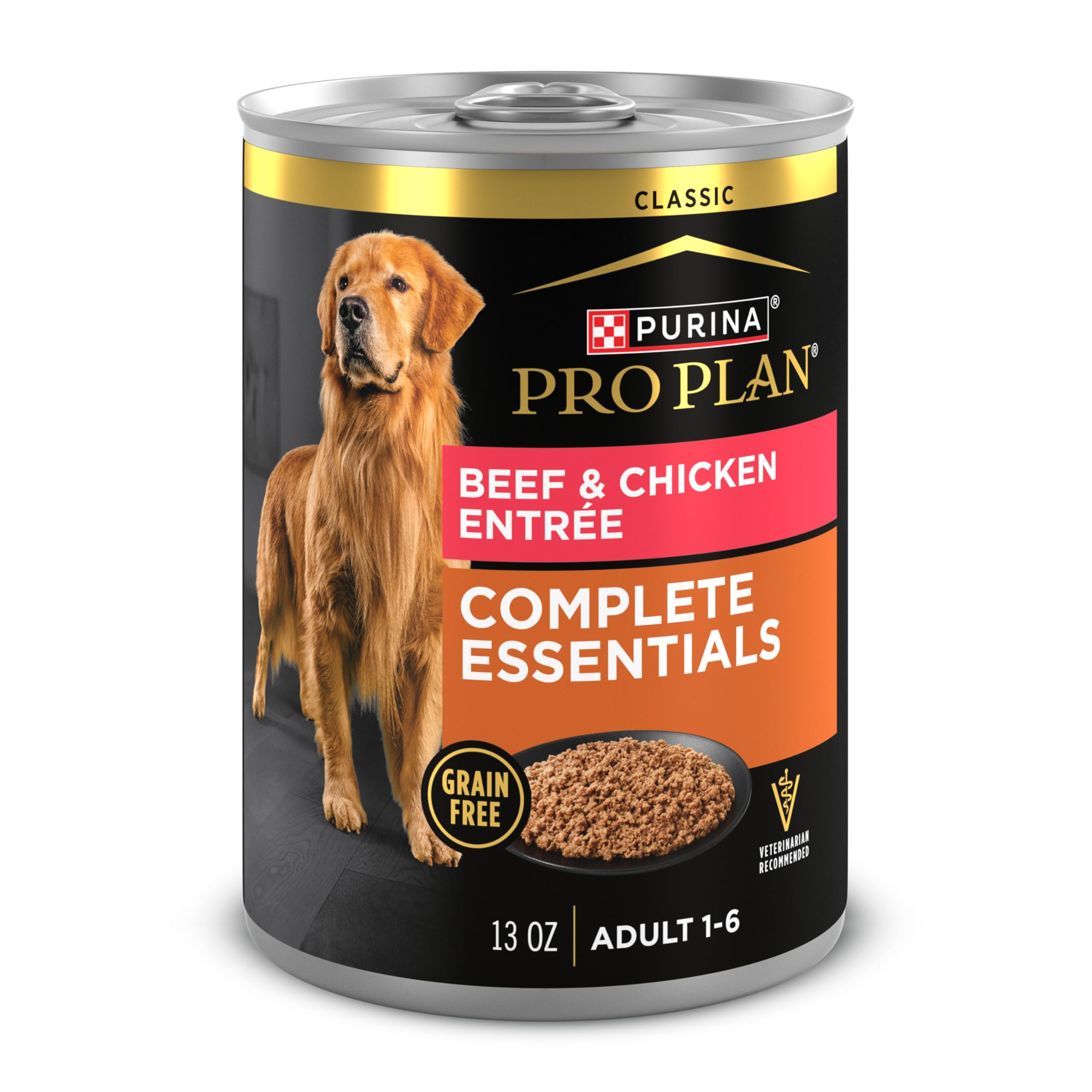 Purina Pro Plan Pate classique boeuf-poulet, texture appetente pour chien actif.
