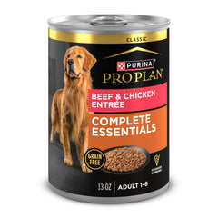Purina Pro Plan Pate classique boeuf-poulet, texture appetente pour chien actif.