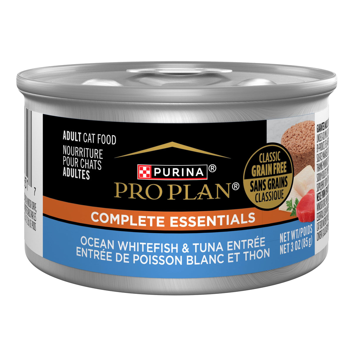 Purina Pro Plan Grain Free Pâté poisson blanc et thon entrée Océan: texture appétente et protéines.