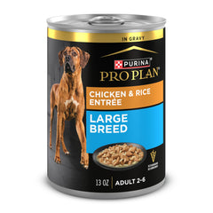 Purina Pro Plan Gravy poulet et riz en boîte 375 g, soutient la masse musculaire des grands chiens.