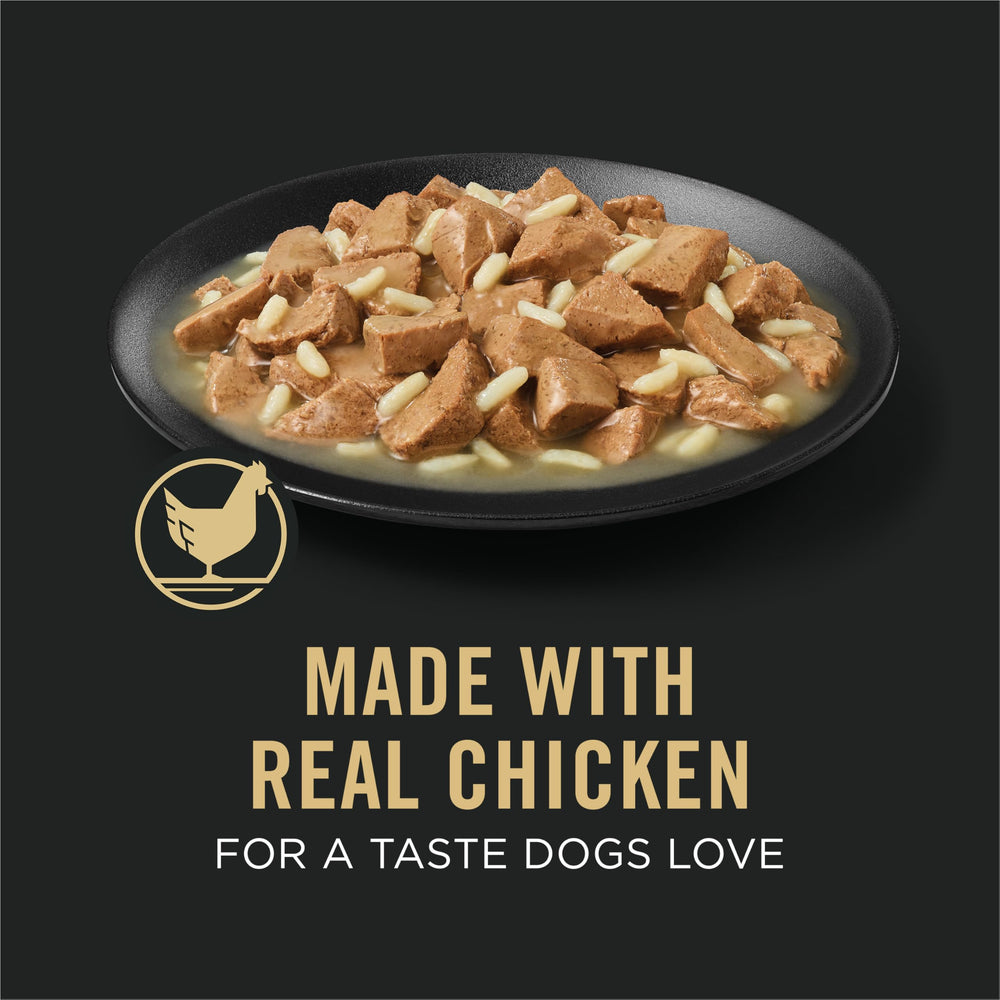 Purina Pro Plan Gravy poulet et riz en conserve, source de calcium pour des os solides.