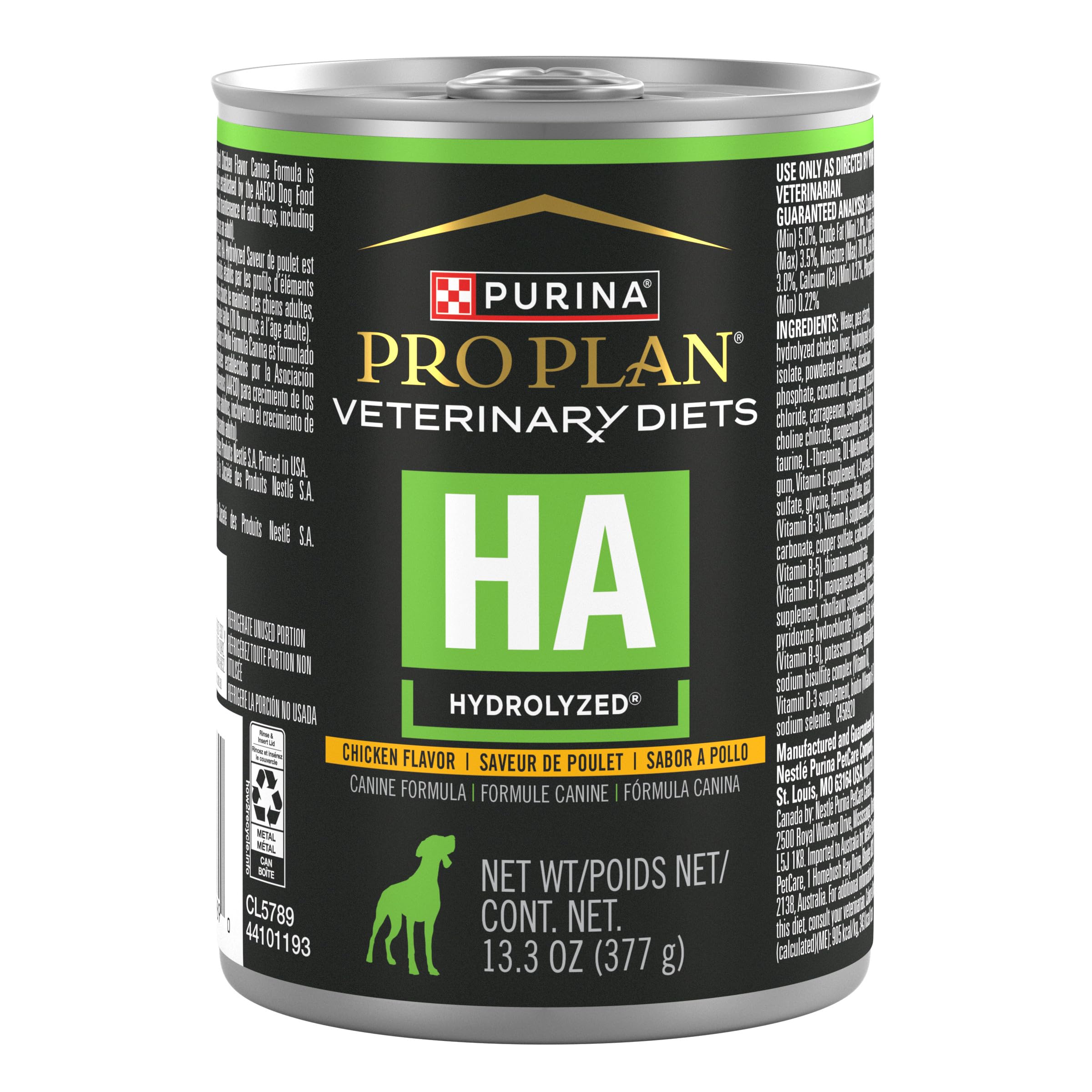 Purina Pro Plan HA poulet hydrolysé en conserve, texture agréable pour chiens sensibles.