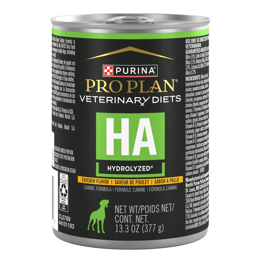 Purina Pro Plan HA poulet hydrolysé en conserve, texture agréable pour chiens sensibles.