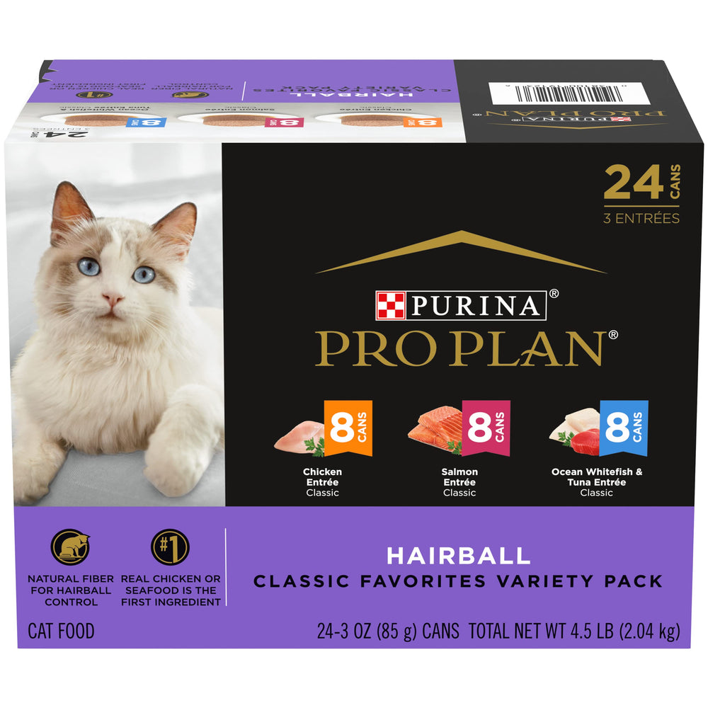 Purina Pro Plan Hairball Saumon Entree: pâté humide riche en protéines pour chats adultes.