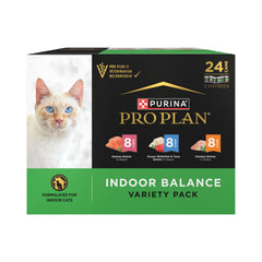 Purina Pro Plan Indoor Balance – boîte chat poulet-saumon: texture humide et goût apprécié pour repas équilibré.