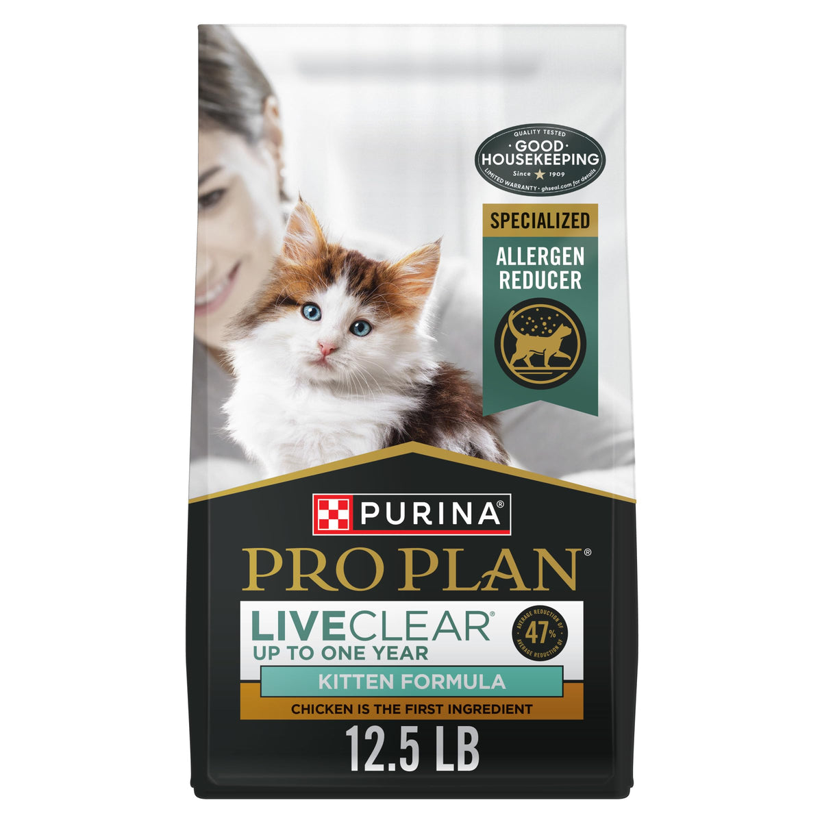 Repas de croquettes Purina Pro Plan LiveClear pour chaton, poulet et riz.