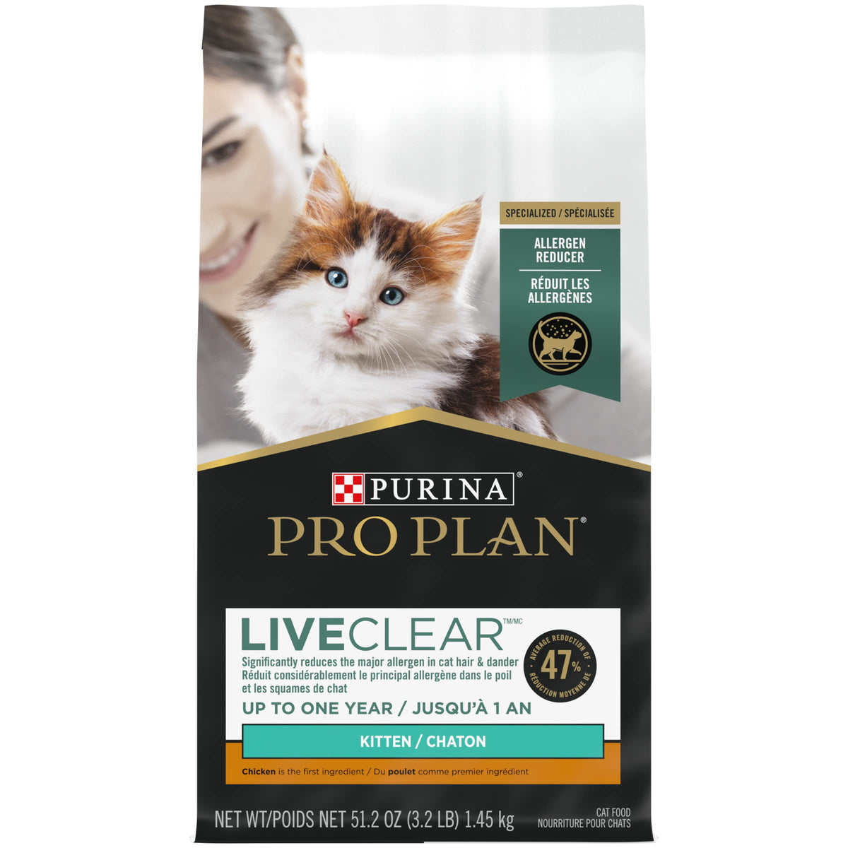 Purina Pro Plan LiveClear chaton poulet riz sac 3,2 lb front - emballage pratique pour demarrage