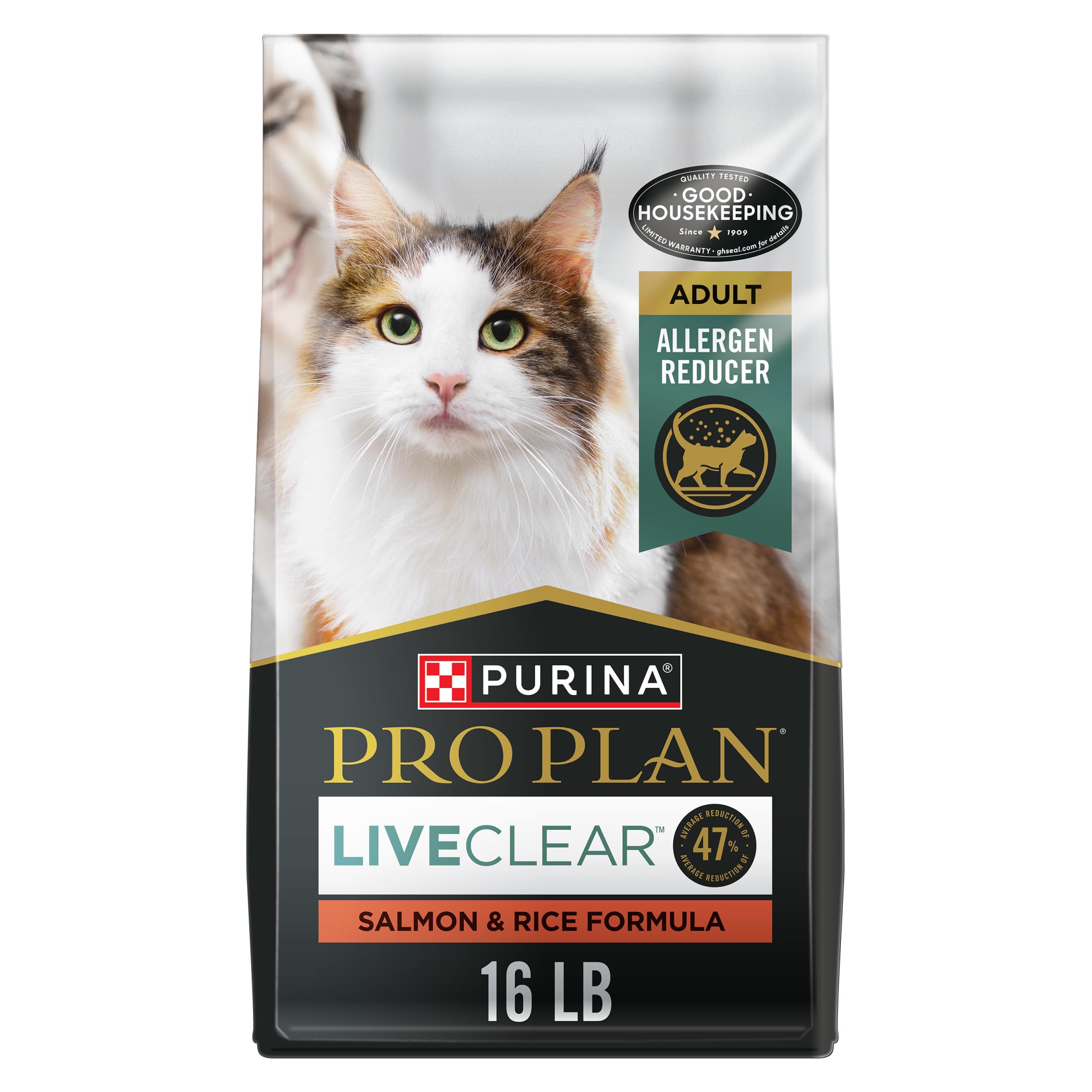Purina Pro Plan LiveClear croquettes saumon-riz close-up, réduction potentielle des allergènes Fel D1