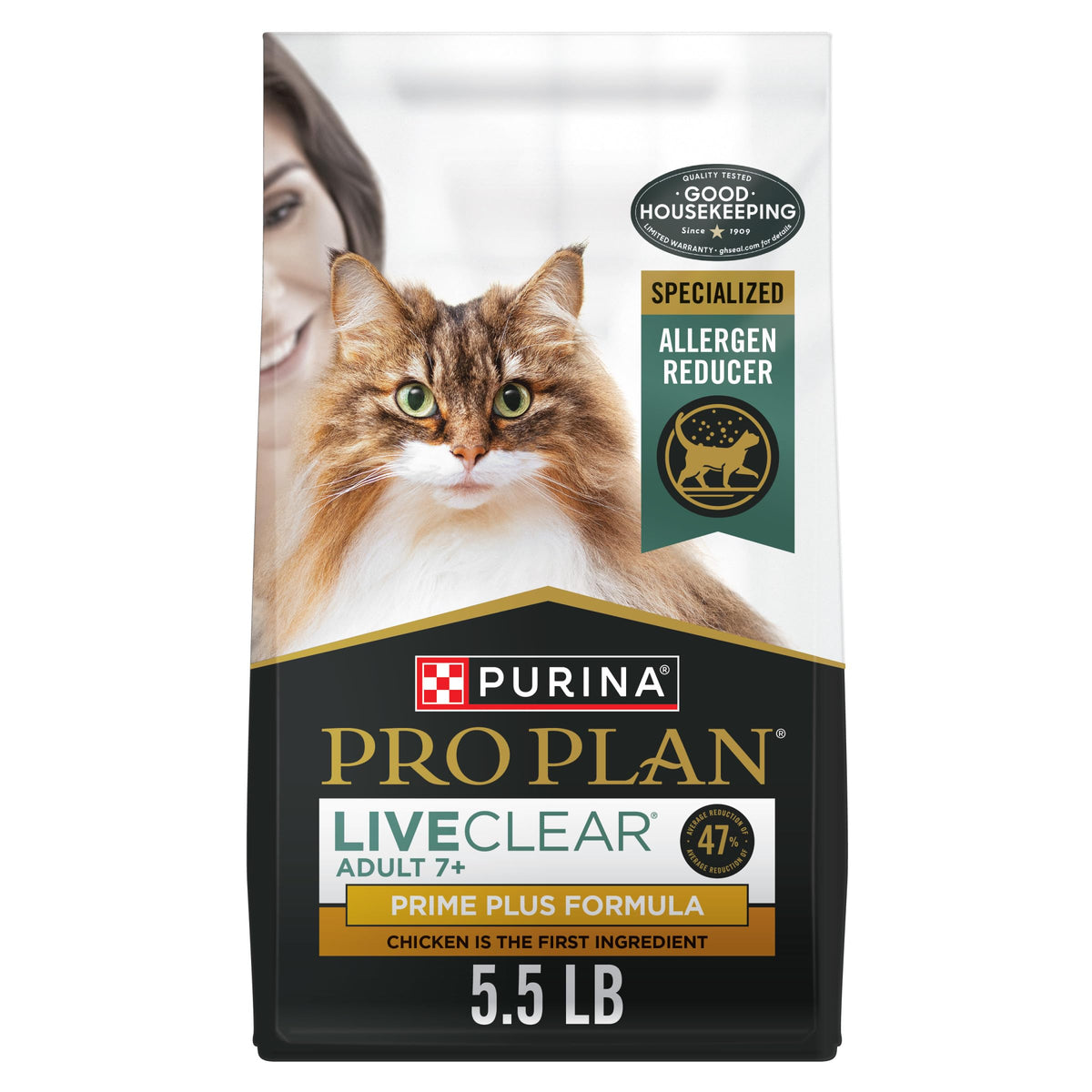 Boîte Purina Pro Plan LiveClear Senior 7+ affichée; soutien potentiel pour chats âgés et allergènes.