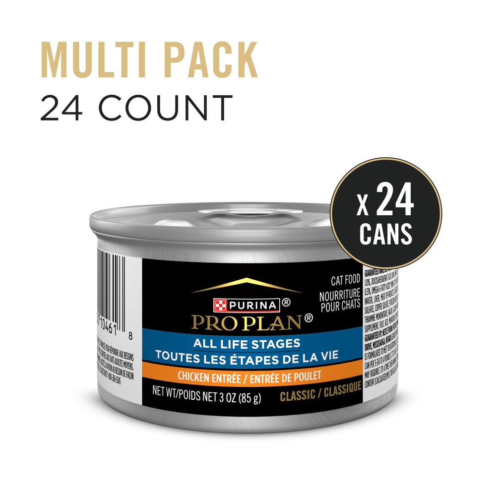 Purina Pro Plan Pâté humide au poulet, boîte ouverte, pâté prêt à déguster.