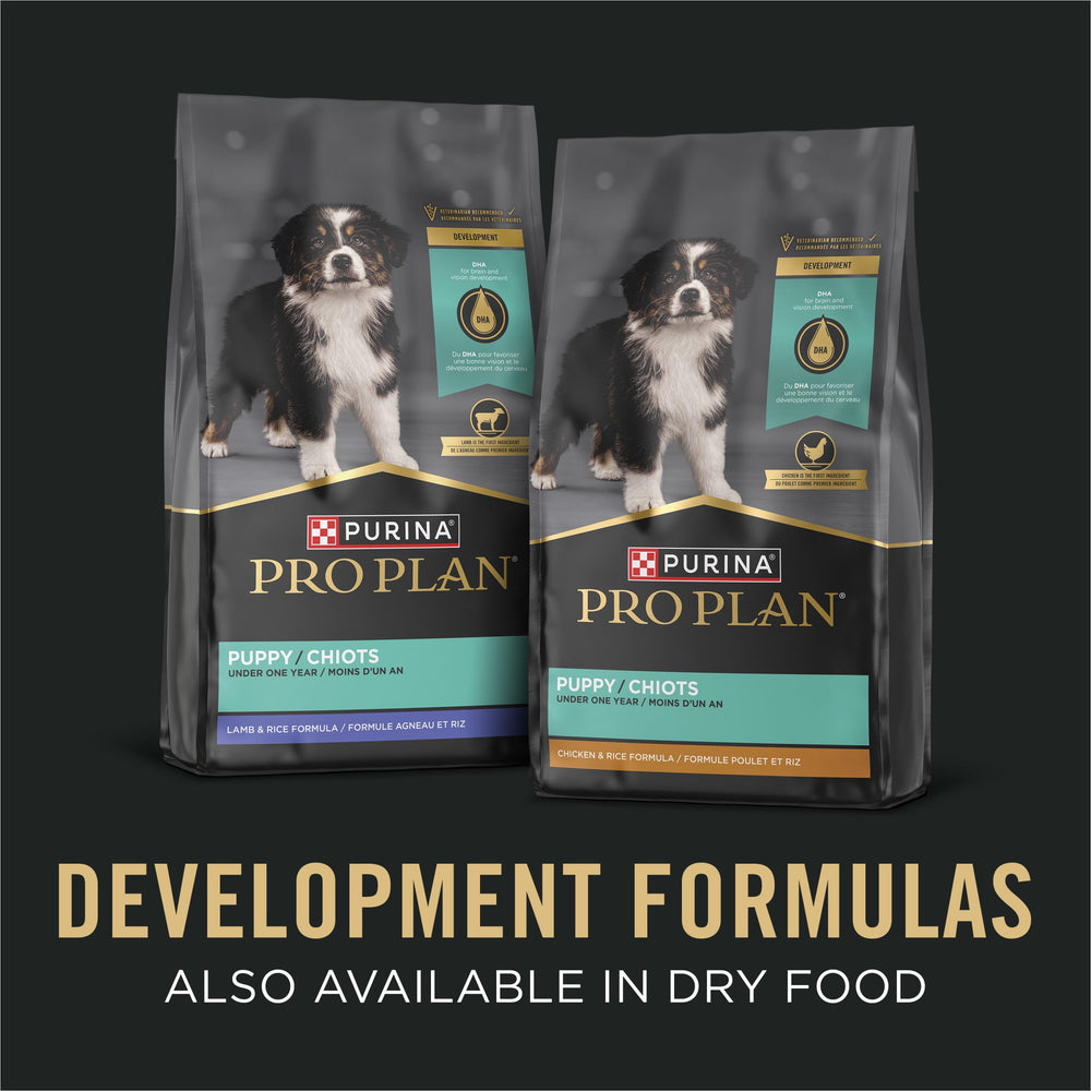 Purina Pro Plan Pâté Chiots Poulet Riz : formulation complète et équilibrée.