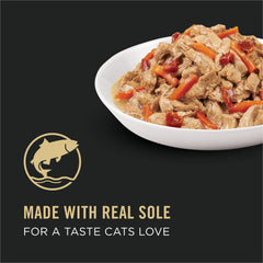 Purina Pro Plan pâte en sauce au sole, plat savoureux pour chat adulte.