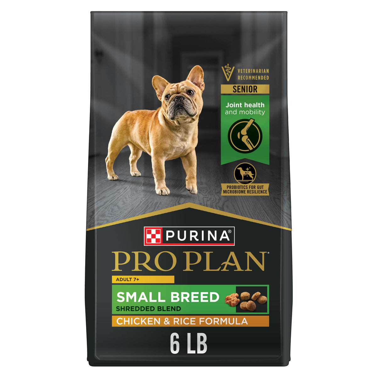 Purina Pro Plan Petite Race 7 Plus — sac 6 lb poulet et riz, pratique pour repas quotidiens.