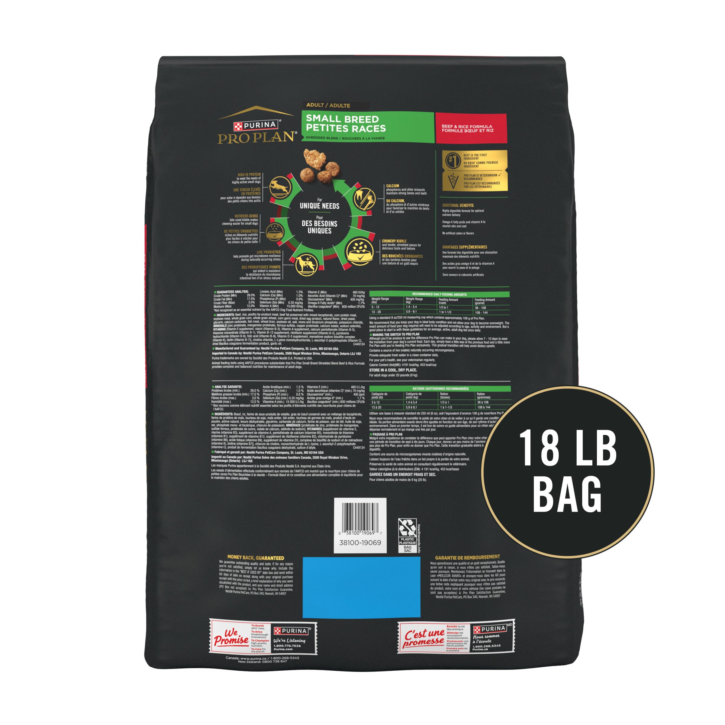 Purina Pro Plan Petite Race emballage pratique et informations nutritionnelles