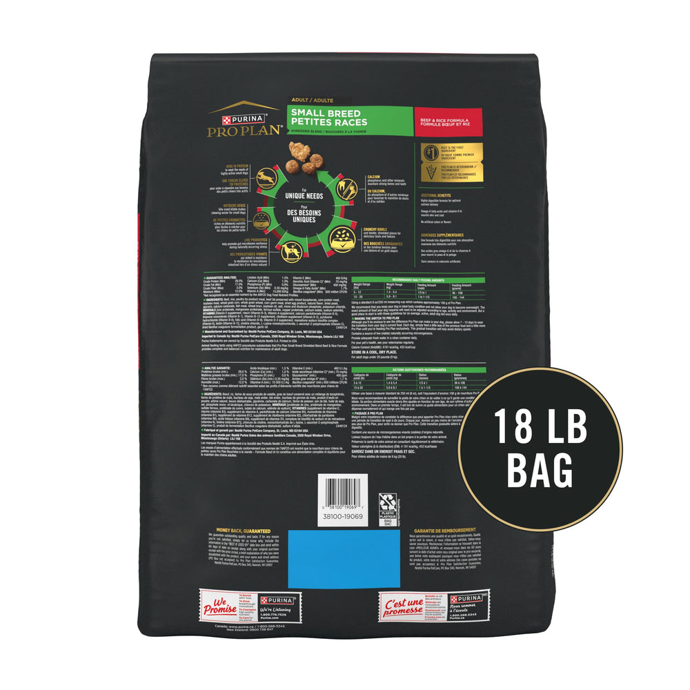 Purina Pro Plan Petite Race emballage pratique et informations nutritionnelles
