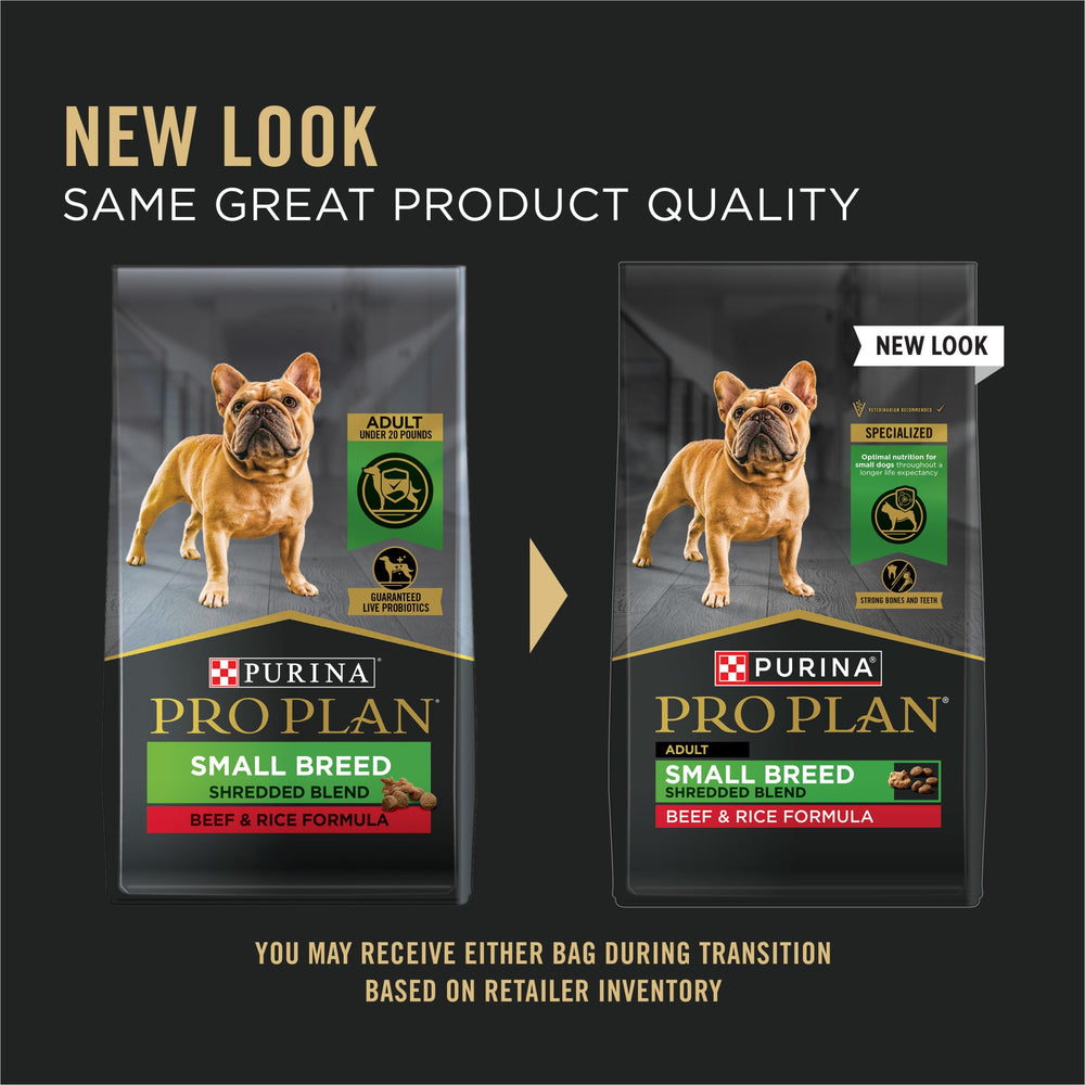 Purina Pro Plan Petite Race, boeuf et riz, goût appétissant et équilibré.