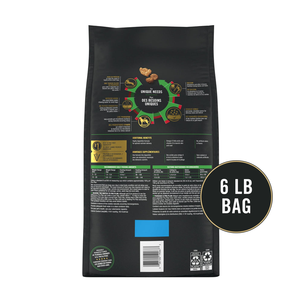 Purina Pro Plan Petite Race, sans colorants ni arômes artificiels.