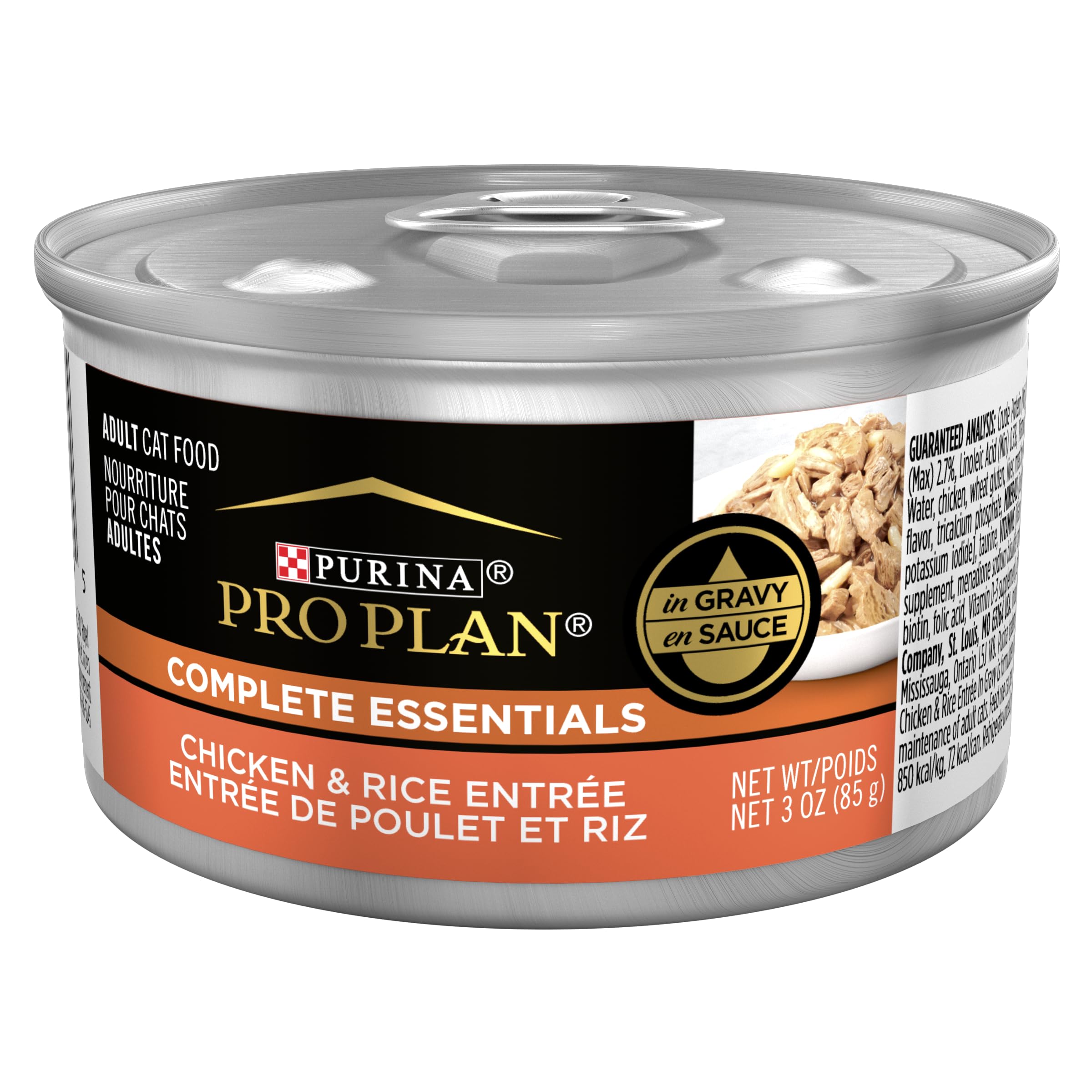 Purina Pro Plan – poulet et riz en sauce, boîte de 3 oz, repas appétissant.