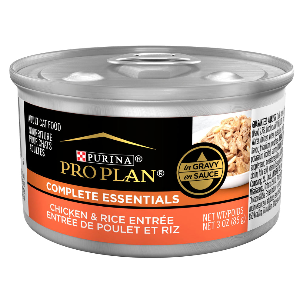Purina Pro Plan – poulet et riz en sauce, boîte de 3 oz, repas appétissant.
