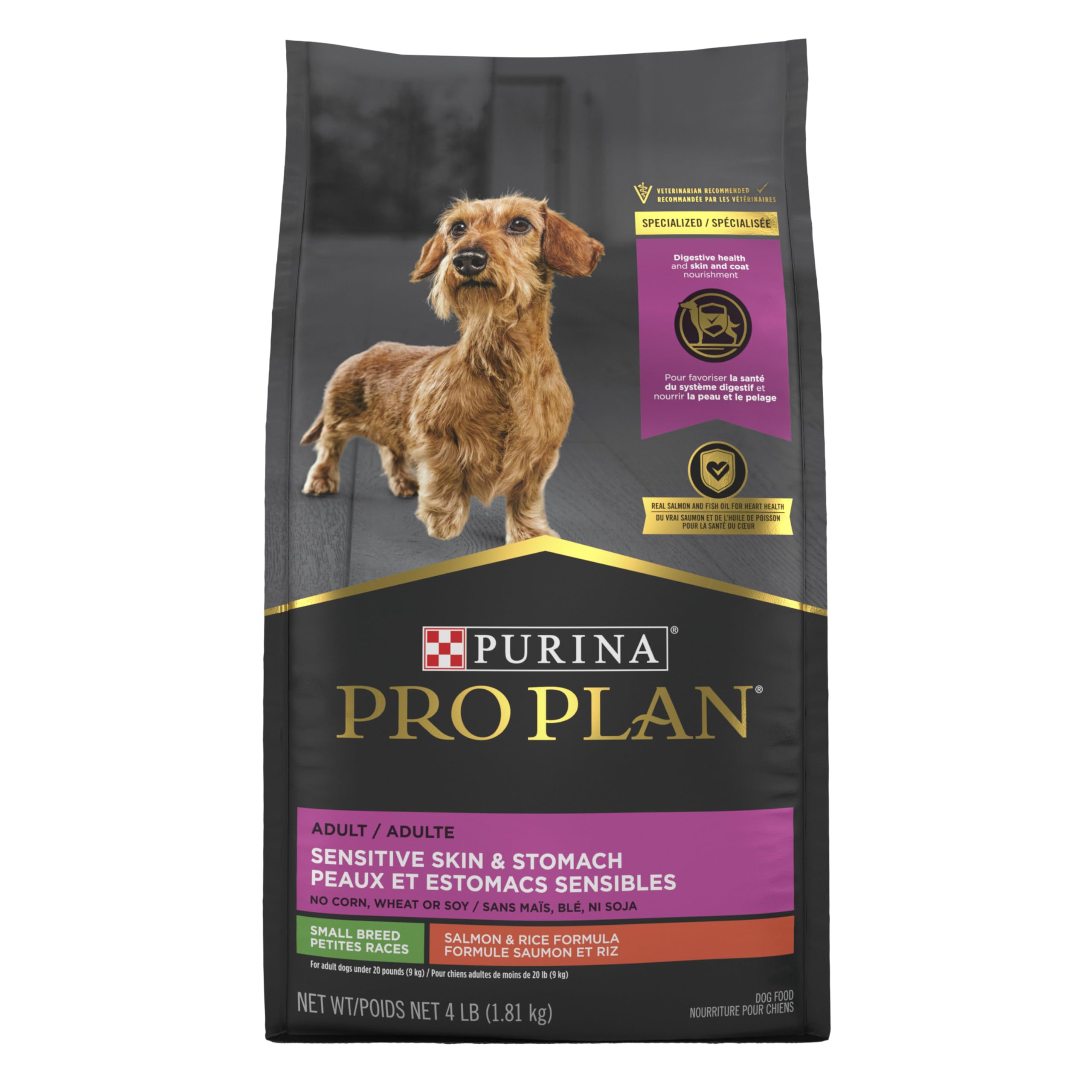 Purina Pro Plan sans maïs, blé ni soja, ingrédients de qualité.