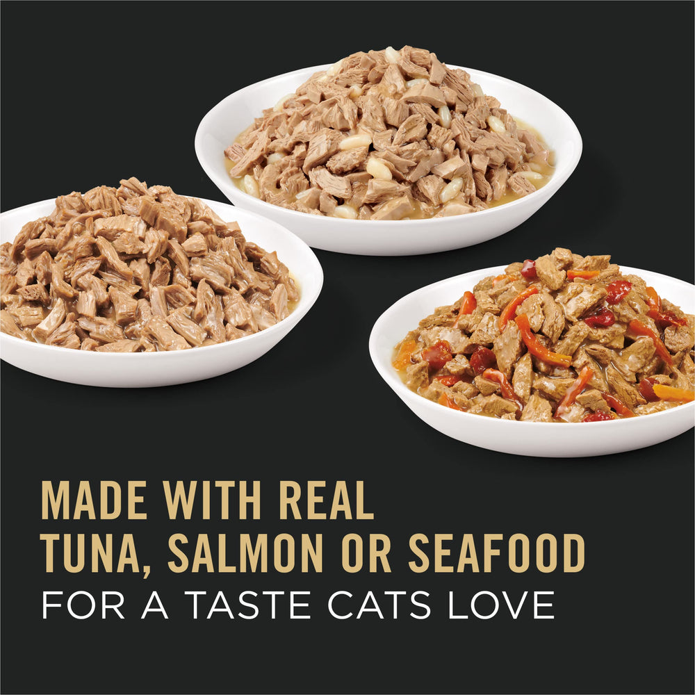Purina Pro Plan Saveurs Fruits de Mer, boîte ouverte montrant la sauce et la texture.