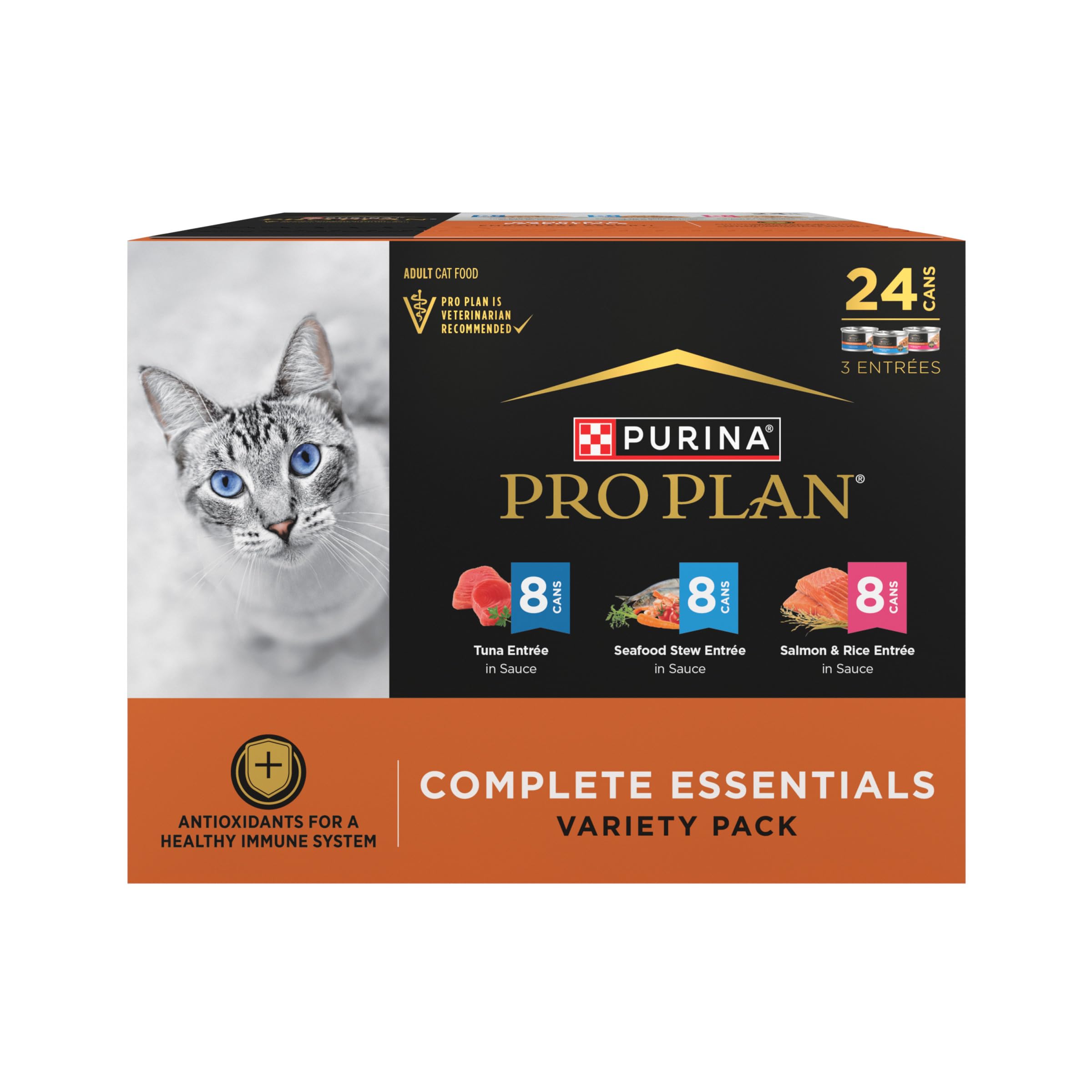 Purina Pro Plan Saveurs Fruits de Mer, pack varié, boîtes de 3 onces, protéines élevées pour chat.