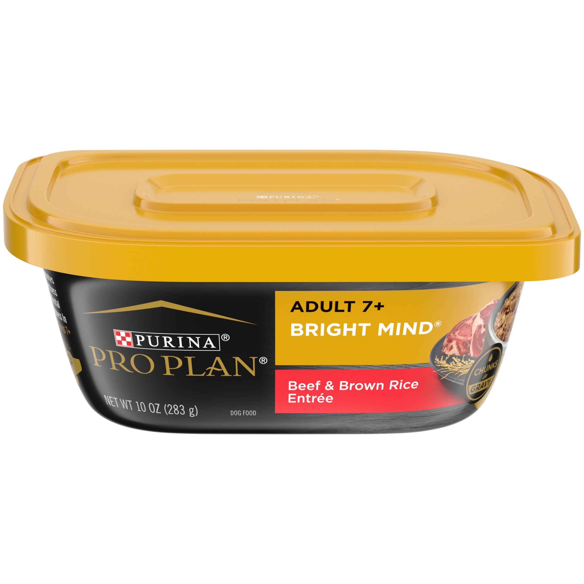 Purina Pro Plan Senior Bright Mind boeuf et riz, entrée en tub pratique pour seniors.
