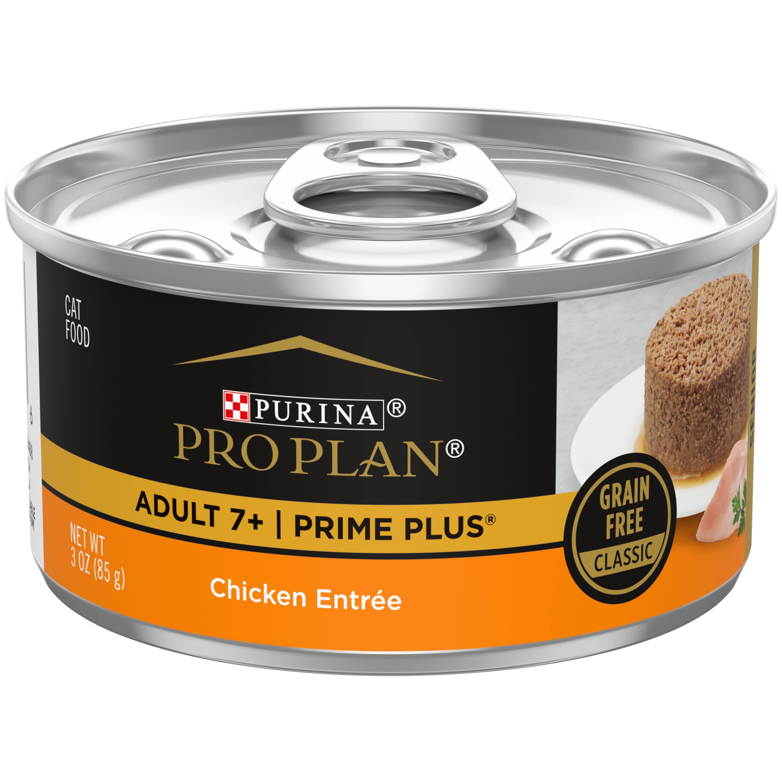 Purina Pro Plan SENIOR pâté poulet, boîte ouverte, goût apprécié par les chats seniors