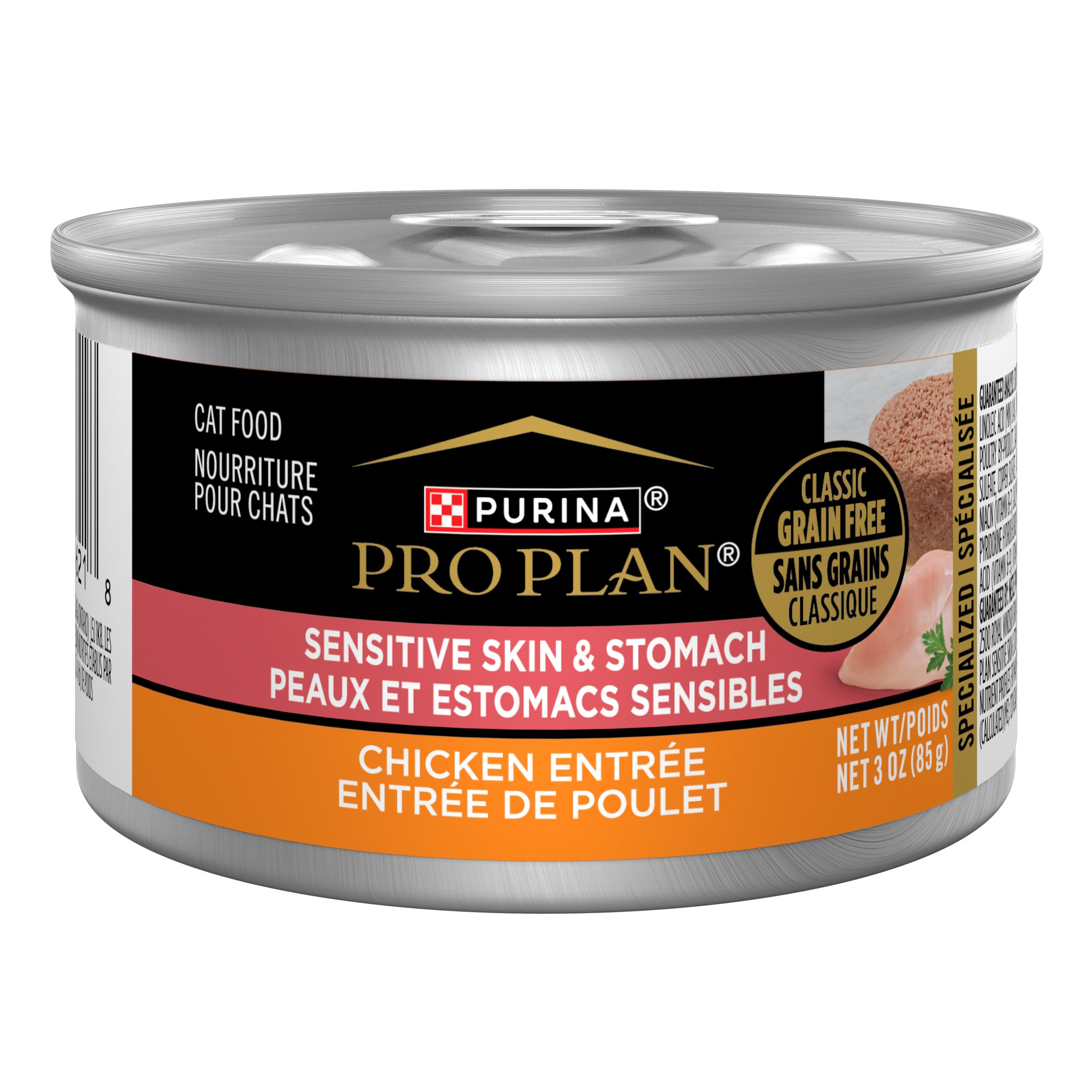 Purina Pro Plan pate poulet pour peau et estomac sensibles, soutien digestion.