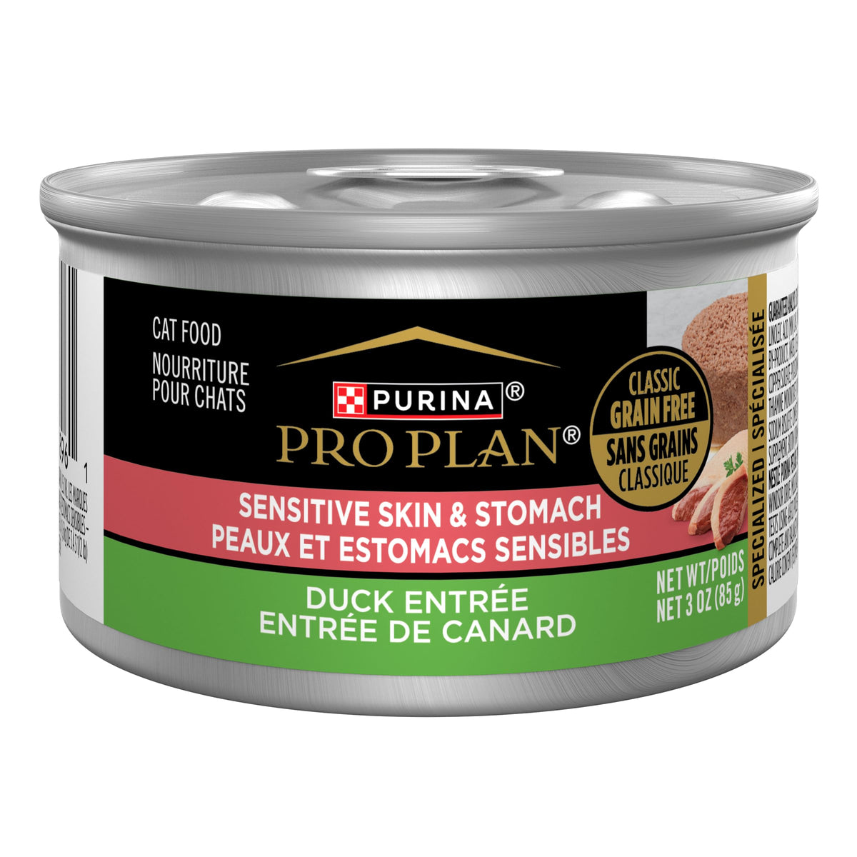 Purina Pro Plan Sensitive Skin Stomach entrée canard pâté appétissant pour chats sensibles.