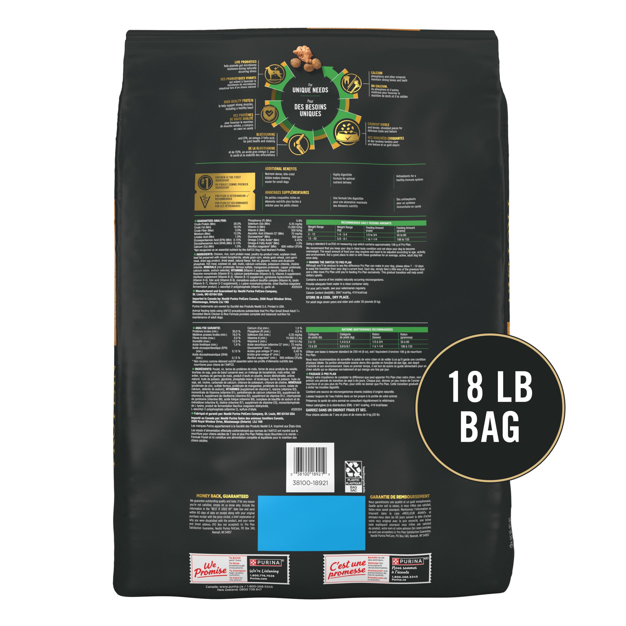 Purina Pro Plan Small Breed 7 Plus probiotiques vivants, soutien digestif quotidien.