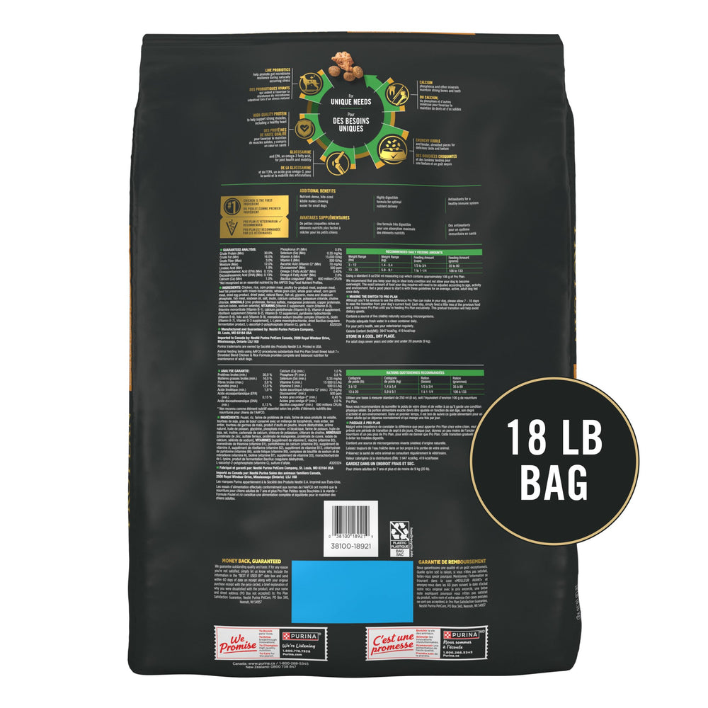 Purina Pro Plan Small Breed 7 Plus probiotiques vivants, soutien digestif quotidien.