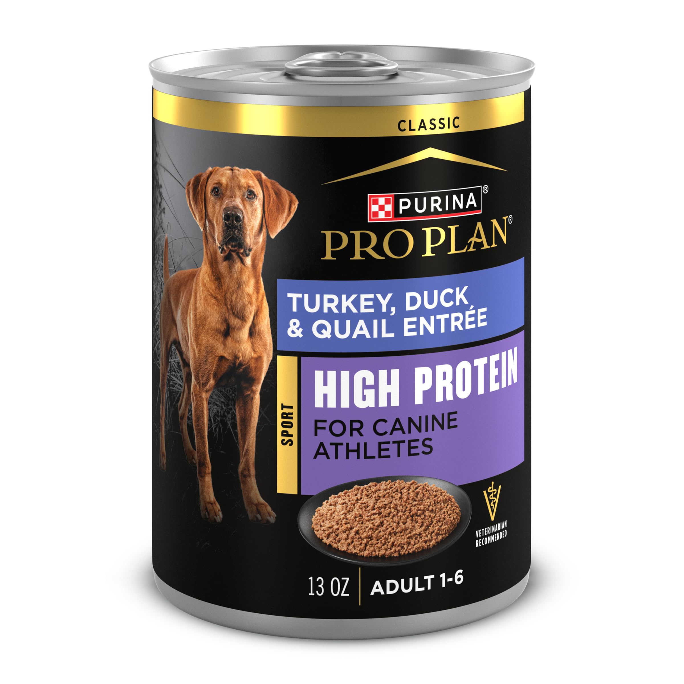Boîte Purina Pro Plan Sport de 374 g contenant dinde, canard et caille, option riche en protéines.