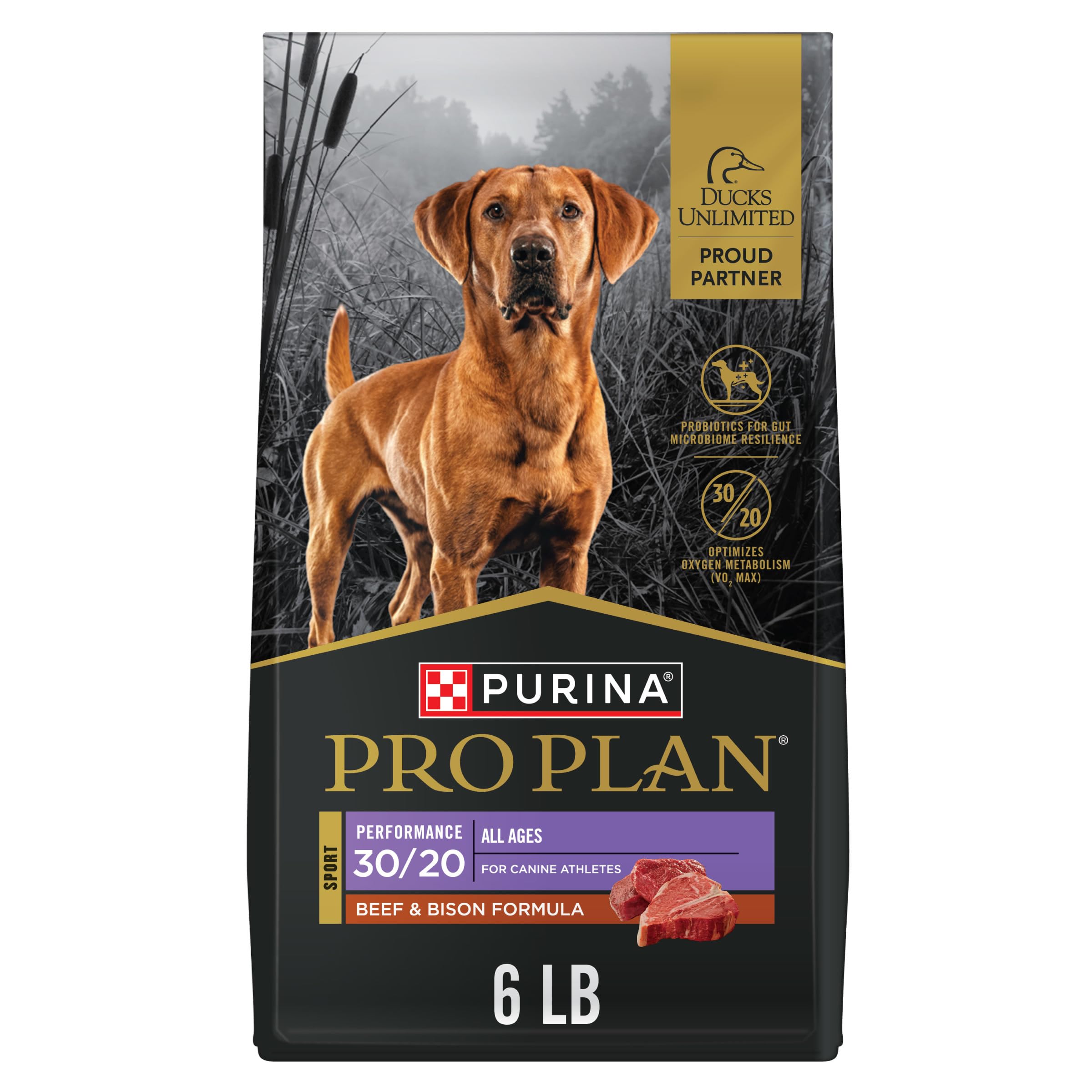Purina Pro Plan Sport croquettes boeuf-bison, soutien musculaire pour chiens actifs.