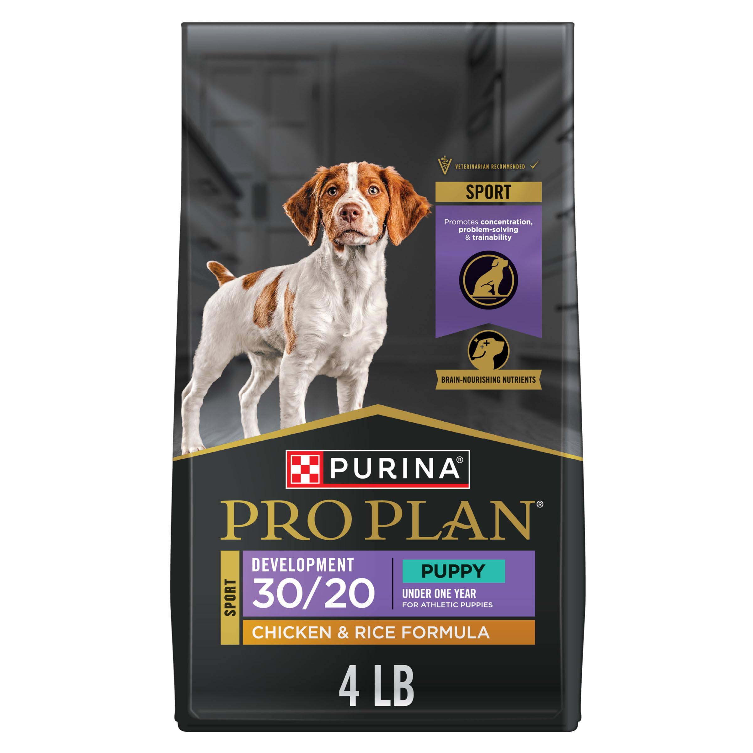 Purina Pro Plan Sport Développement croquettes poulet et riz pour chiots actifs et concentrés.