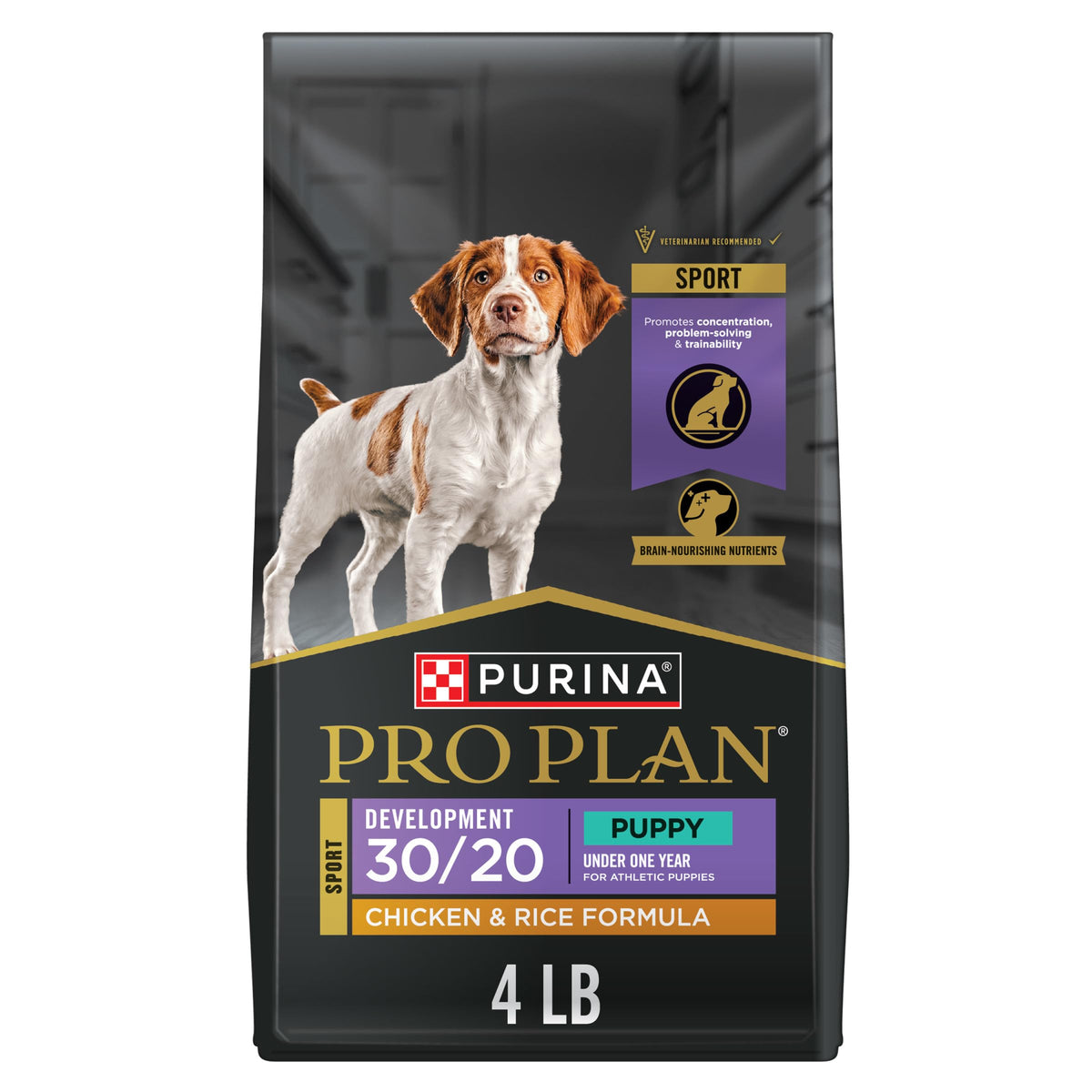Purina Pro Plan Sport Développement croquettes poulet et riz pour chiots actifs et concentrés.