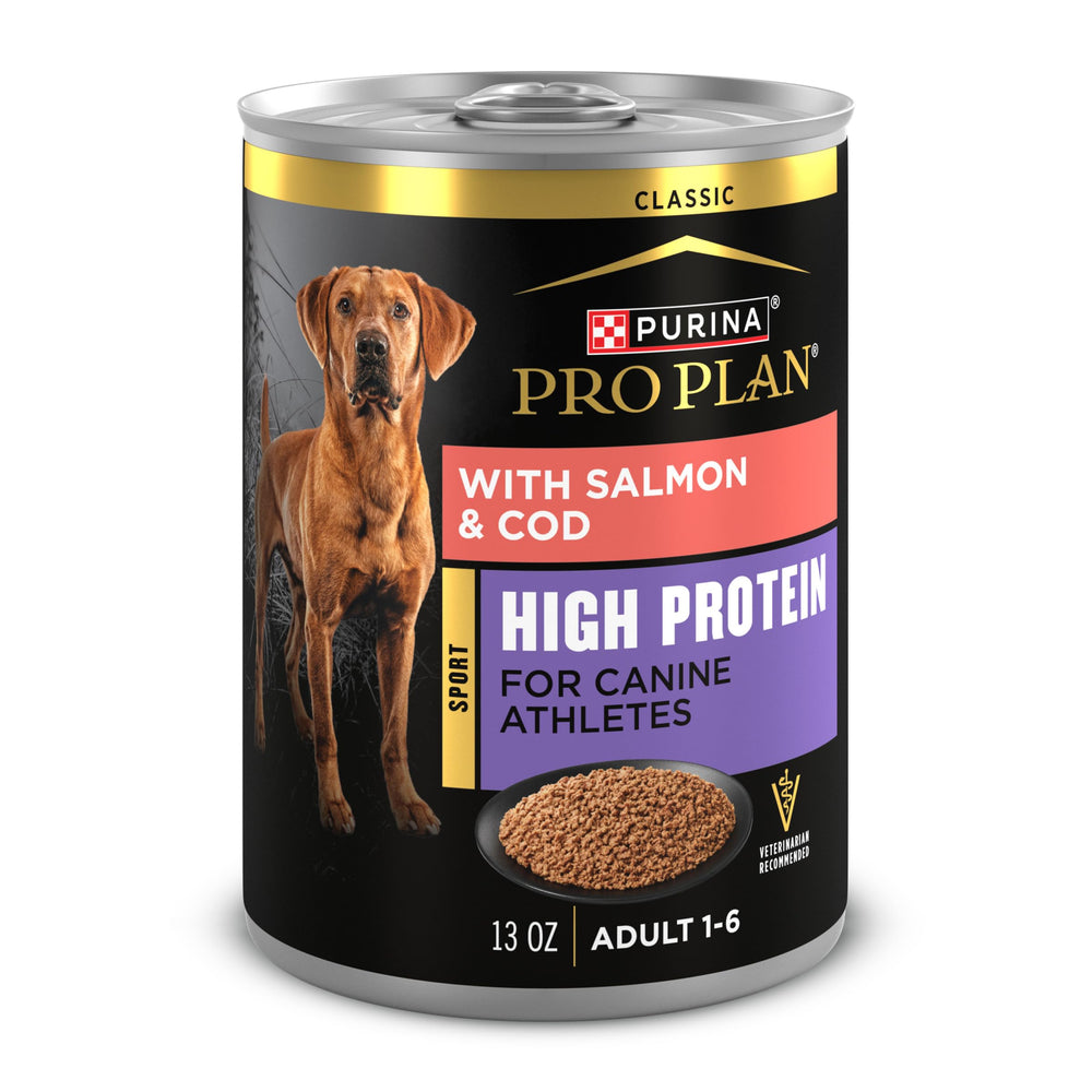 Purina Pro Plan Sport saumon et morue, boîtes 13 oz, repas protéiné pour chiens actifs.