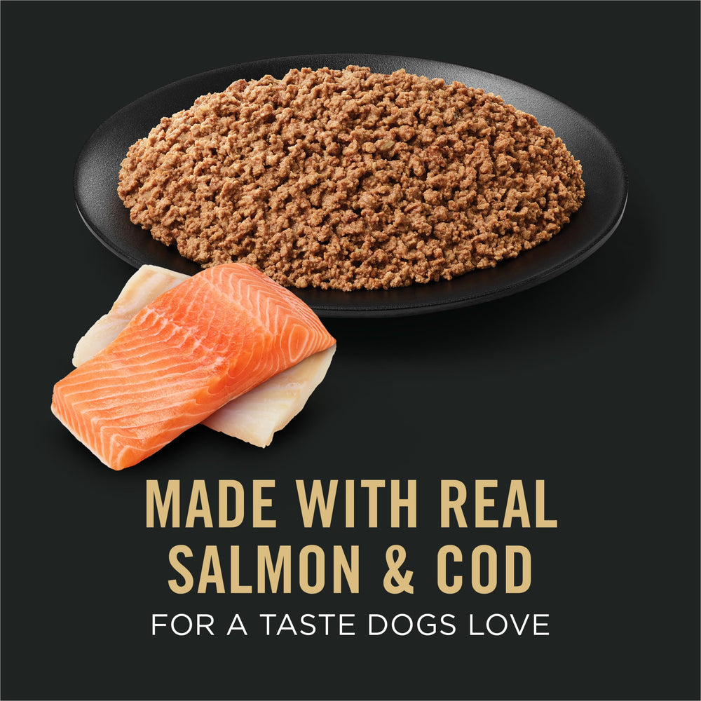 Conserve ouverte Purina Pro Plan Sport révélant saumon et morue en texture humide.