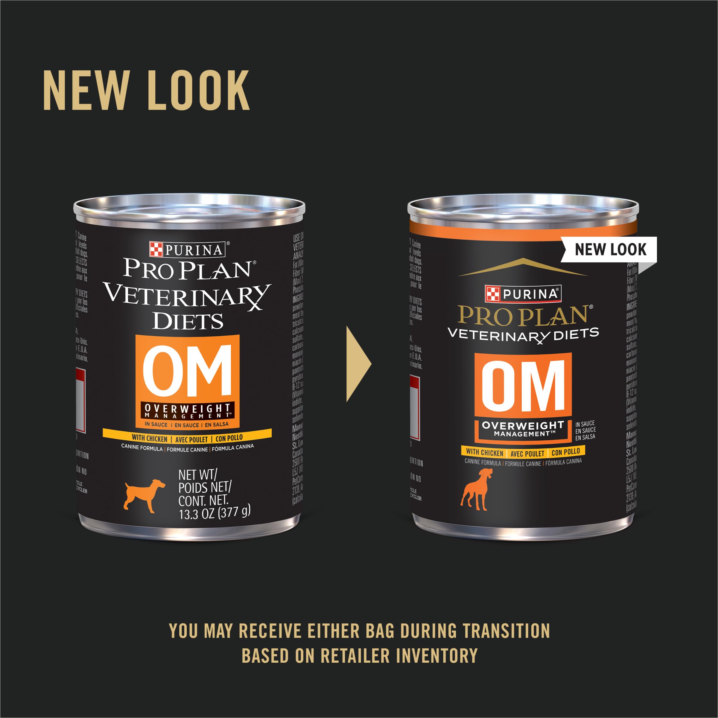 Purina Pro Plan OM, portions humides riches en protéines soutenant la masse maigre.