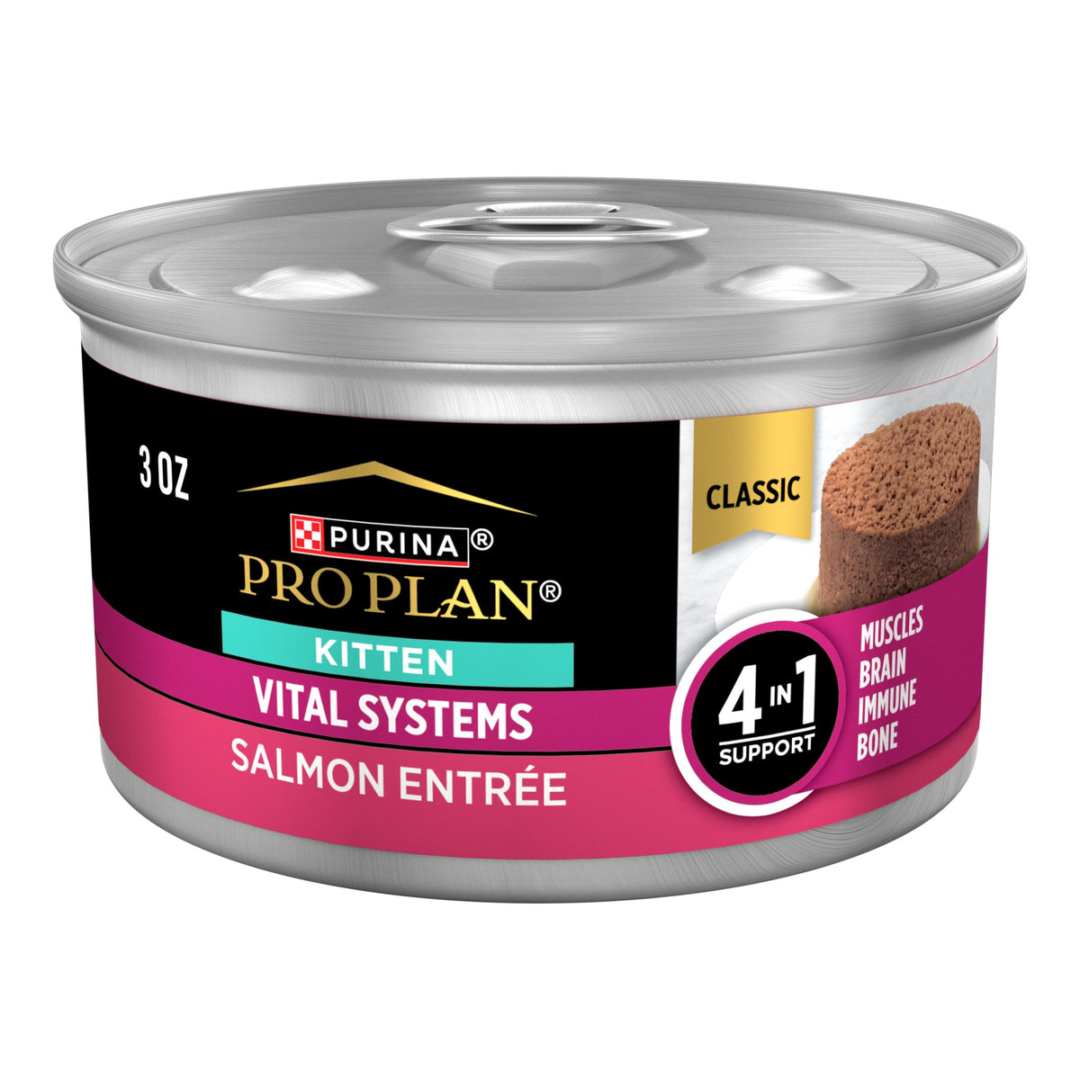 Purina Pro Plan Vital Systems Saumon chaton - entrée en boîte, favorise protéines élevées et goût saumon.