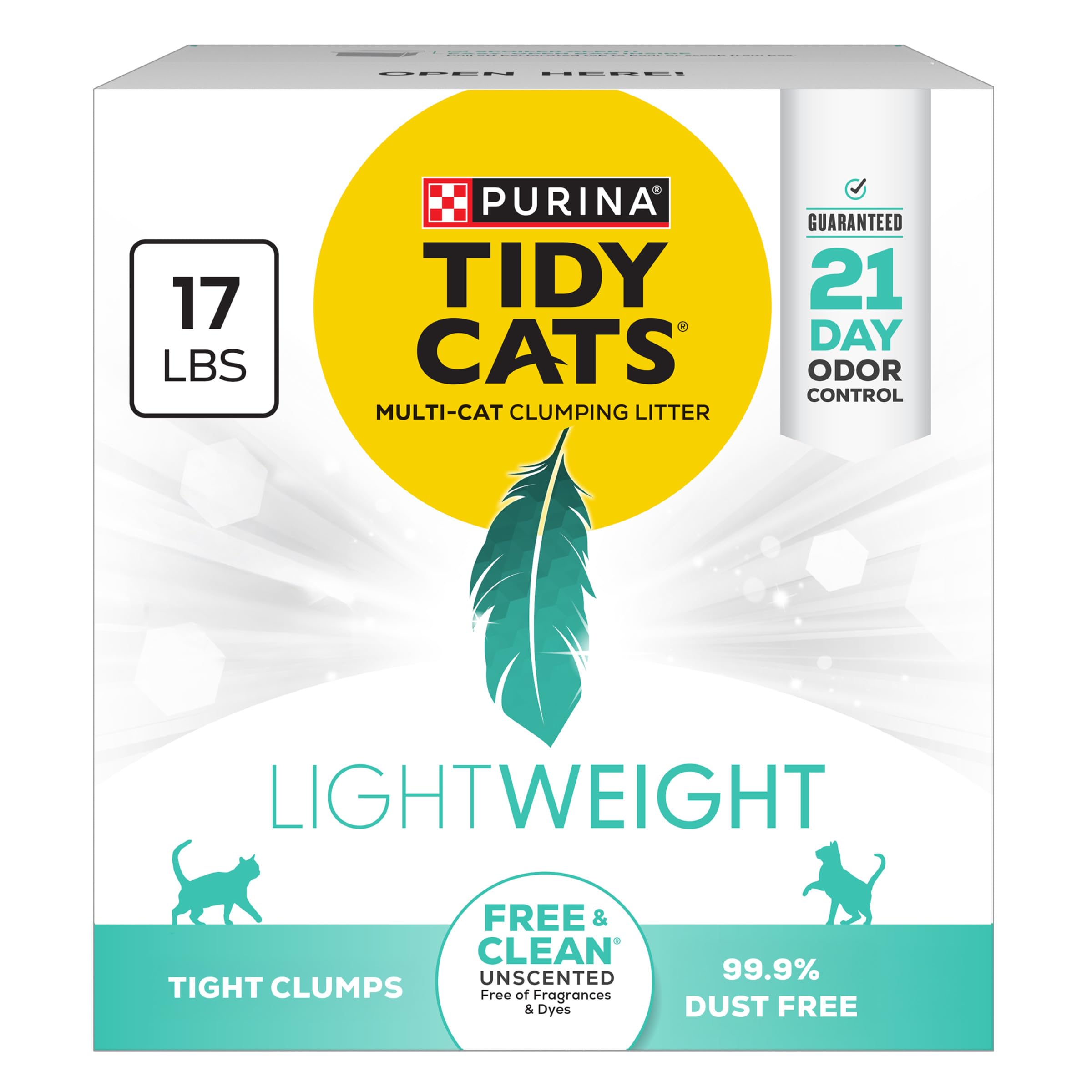 Purina Tidy Cats LightWeight Free and Clean, emballage 17 lb, facile à transporter.