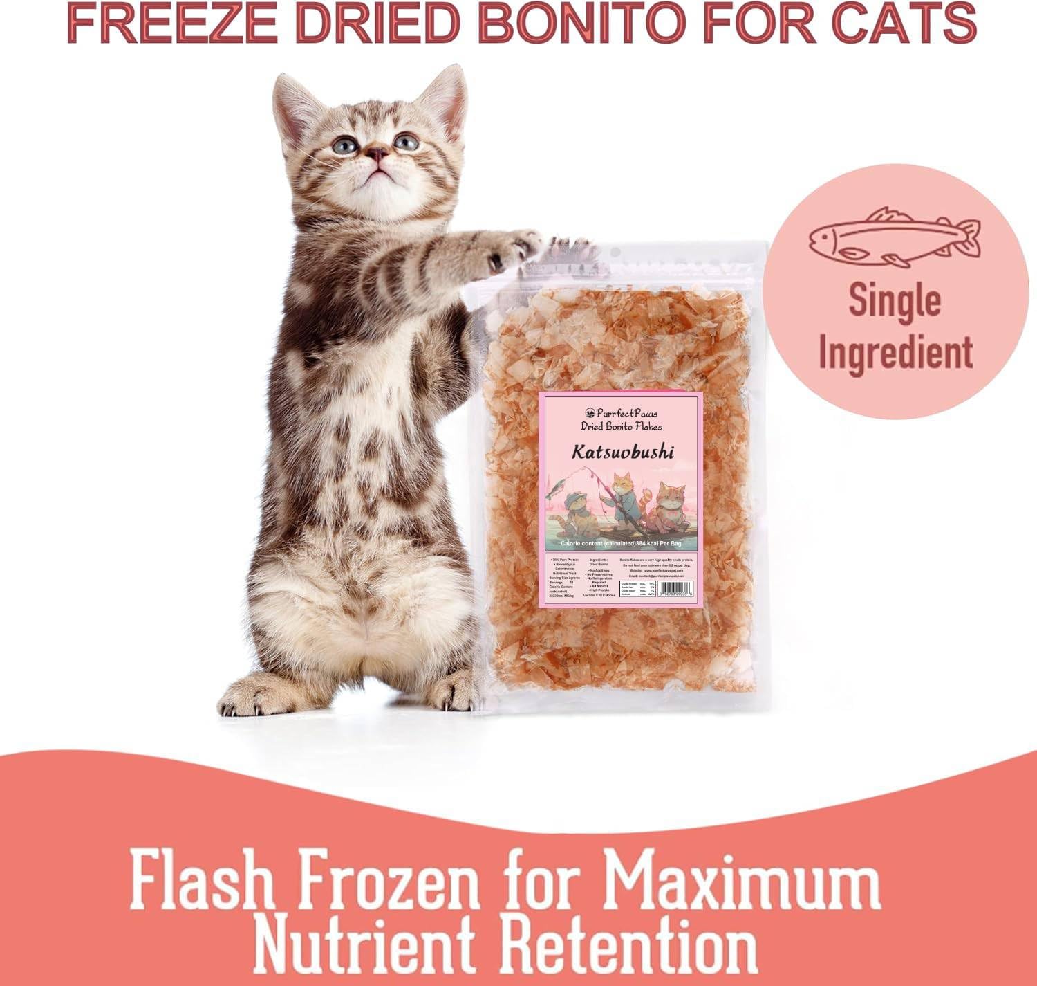 Purrfect Paws pelage sain grâce au bonito, flocons visibles sur l'image.
