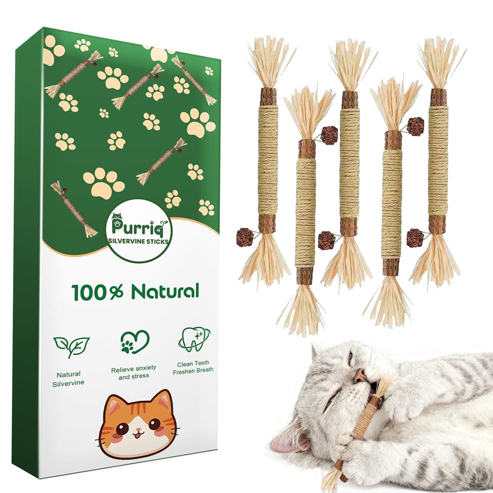 Purriq bâtons dentaires argentés pour chat, stimulation naturelle lors du jeu