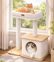 Purrlato Arbre à chat moderne, vue globale, idéal pour optimiser l'espace et divertir votre chat