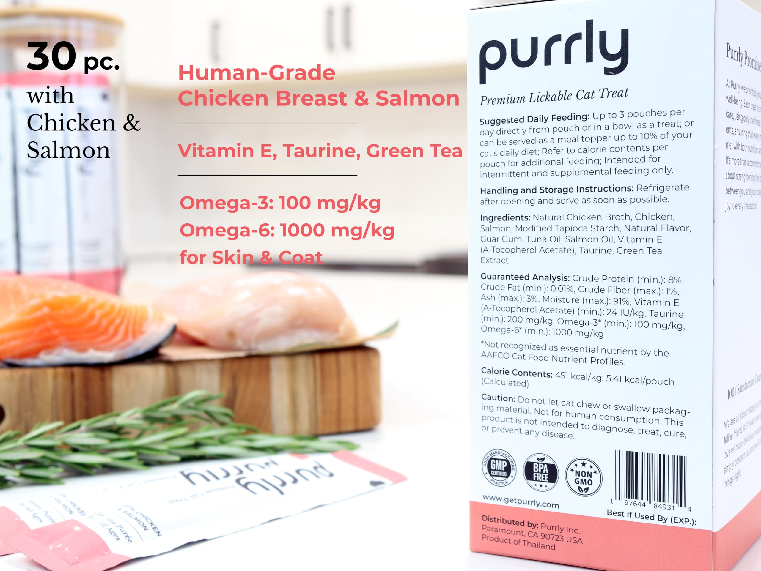 Ingrédients propres et transparents de Purrly pour une friandise sans additifs.