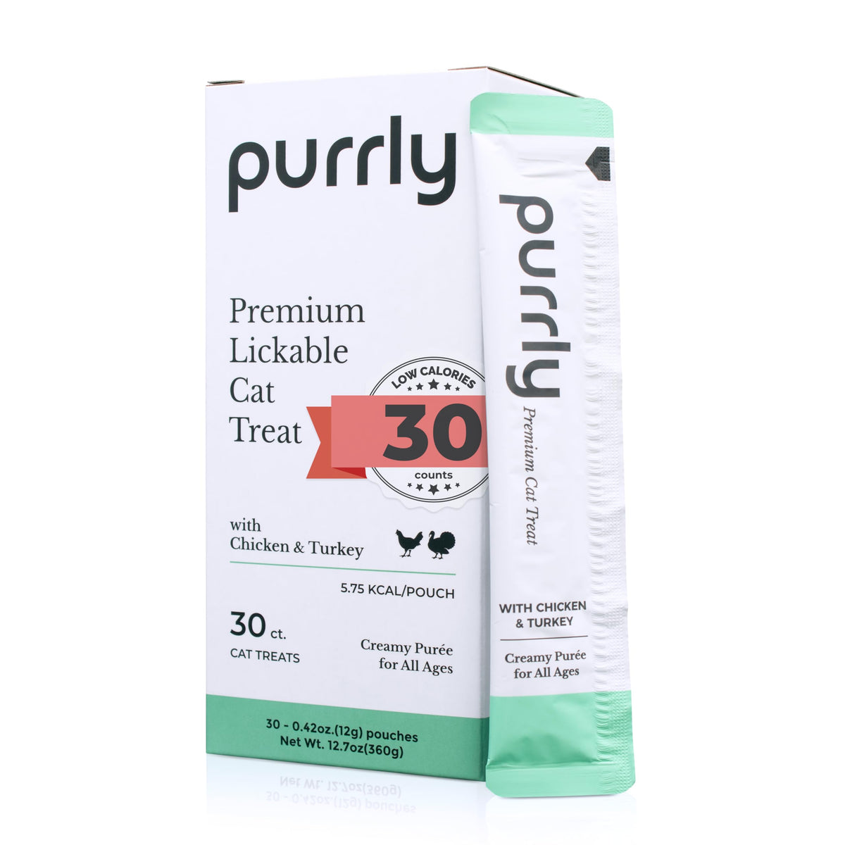 Emballage Purrly en sachet, pratique pour des collations quotidiennes.