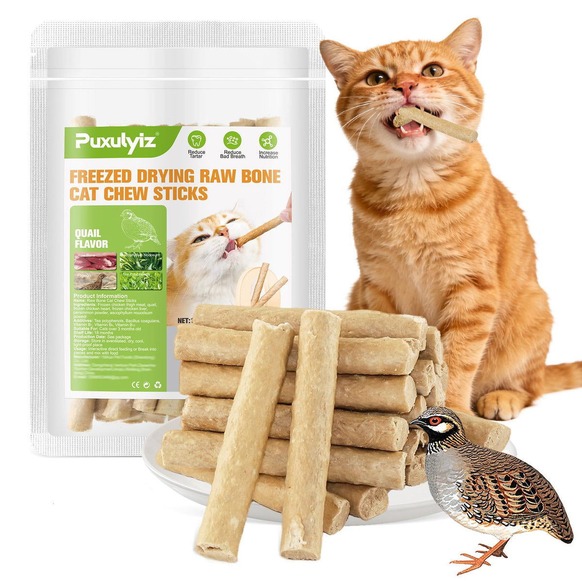 Puxulyiz Sticks Chat Caille: bâtonnets poreux favorisant le nettoyage et haleine fraîche.