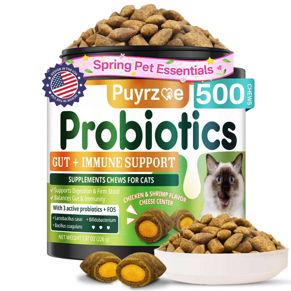 Puyrzoe Chat Probiotiques: centre fromage et saveurs poulet-crevettes, soutien digestif.